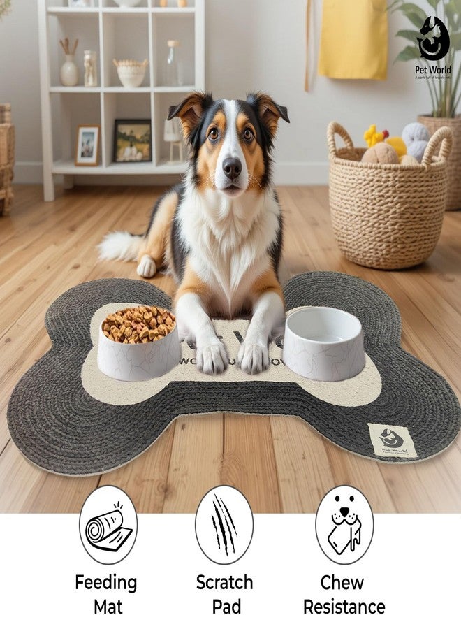 PET WORLD Bone Shape Handwoven Woof Pet Mat for Dog & Cat|Hand Braided| Skin Friendly Food Mat| Floor Mat|Pet Area Carpet|Non-Slip Mat Indoor Outdoor Mat|60 * 40 CM| Black&White - Image 2